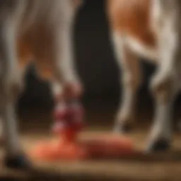 Close-up of a castrating band applied to a bull, demonstrating the technique.