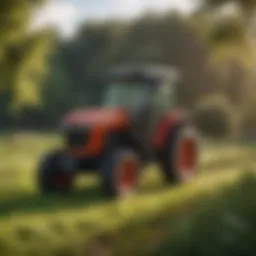 Small frame compact tractor in a lush agricultural field