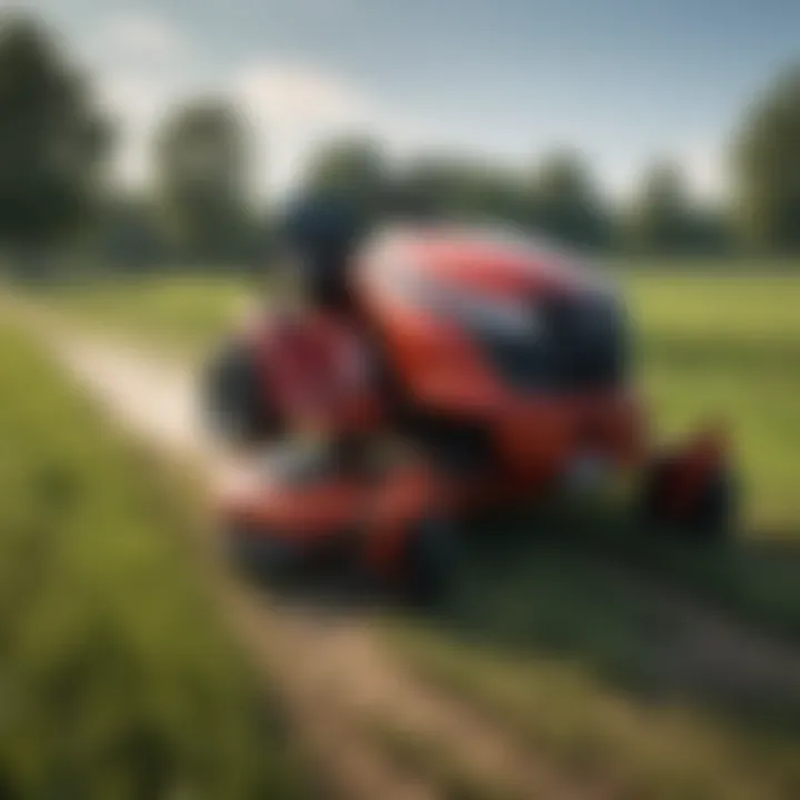 Riding mower with advanced suspension system in a lush field
