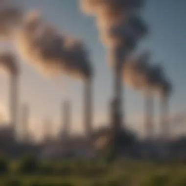 A factory with smoke stacks, releasing pollutants into the air