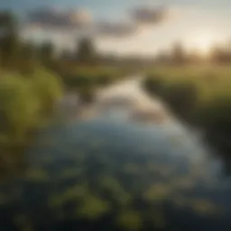 A serene lake reflecting the sky, dotted with algae blooms