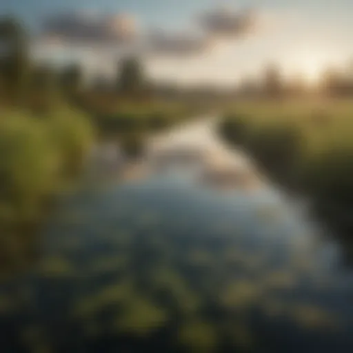 A serene lake reflecting the sky, dotted with algae blooms