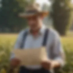 A farmer reviewing a Letter of Intent in a field