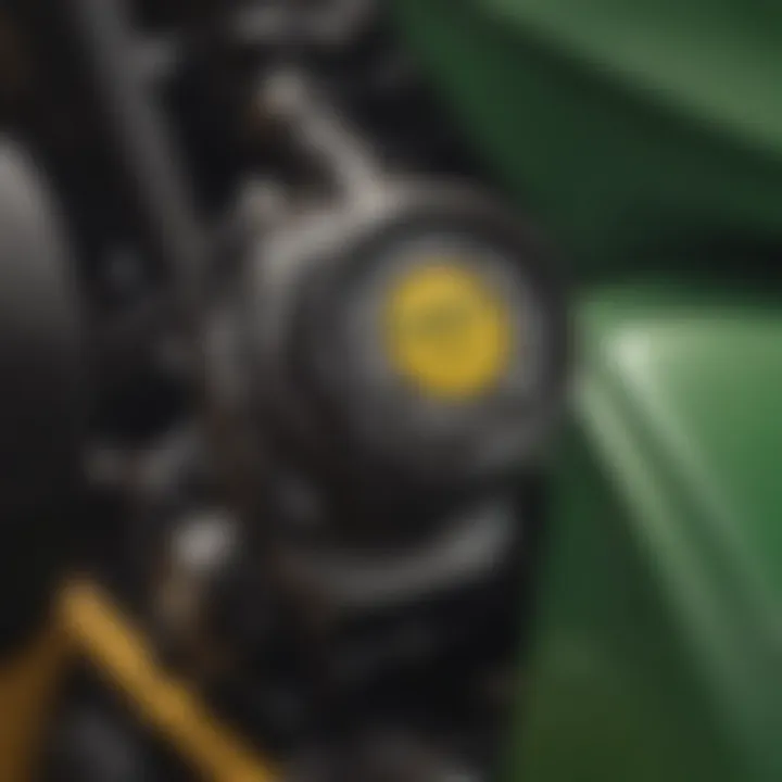 Close-up of John Deere riding mower engine showing oil fill cap