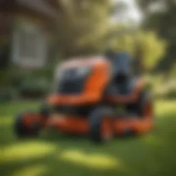 A zero turn mower in motion across a well-manicured lawn