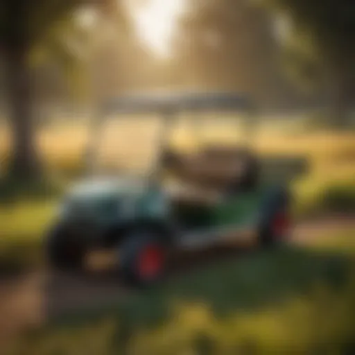 Used golf cart equipped with a dump bed in a vibrant agricultural setting