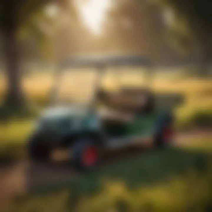 Used golf cart equipped with a dump bed in a vibrant agricultural setting