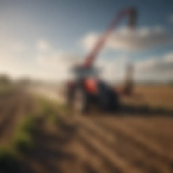 Agricultural landscape with tractor and boom pole in use.