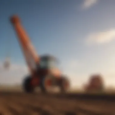 Tractor bucket boom pole in action lifting heavy equipment.