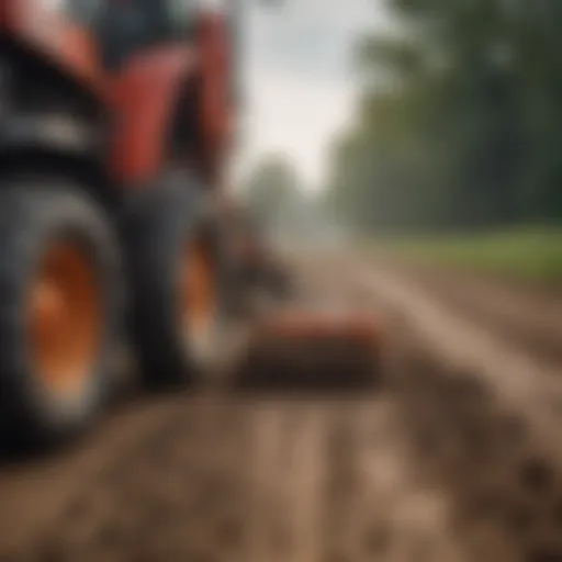 Detailed view of a tractor drill attachment in action, showcasing its precision in soil preparation.