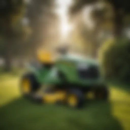 Overview of used John Deere rider mower on a lush lawn