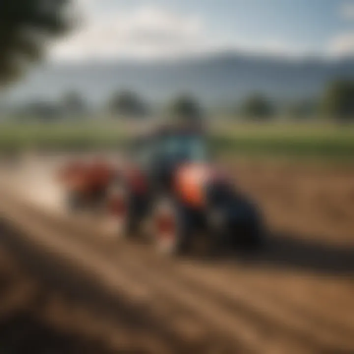 Farmers utilizing small tractor with excavator