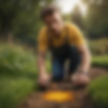 A lawn care professional inspecting a yellow dead spot