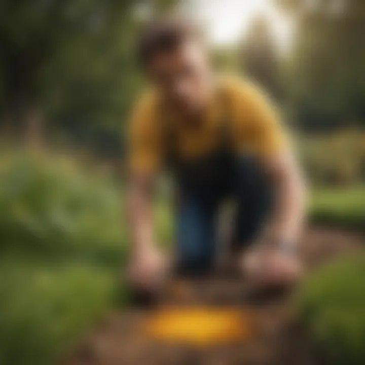 A lawn care professional inspecting a yellow dead spot