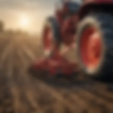 A detailed view of a used tiller attached to a tractor in a field