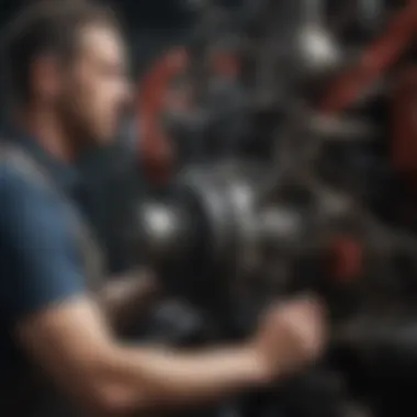 A farmer inspecting a used tractor's engine