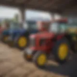 A variety of used tractors lined up in a dealership