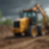 A backhoe attachment performing soil excavation