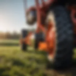 A close-up view of a walk-behind flail mower in action, showcasing its cutting mechanism.