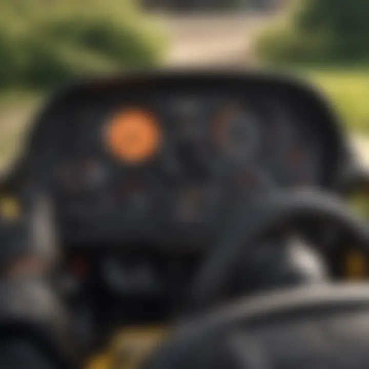 Close-up of a zero turn mower's advanced controls and dashboard